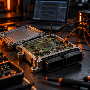 Calculateur moteur (ECU) ouvert sur banc de diagnostic