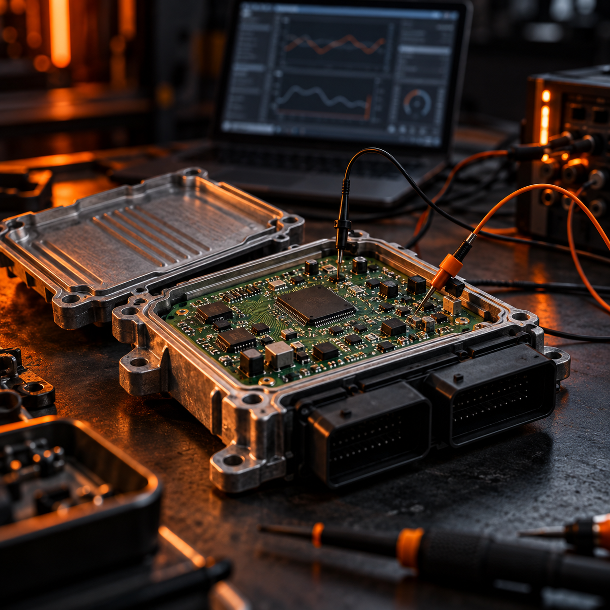 Calculateur moteur (ECU) ouvert sur banc de diagnostic